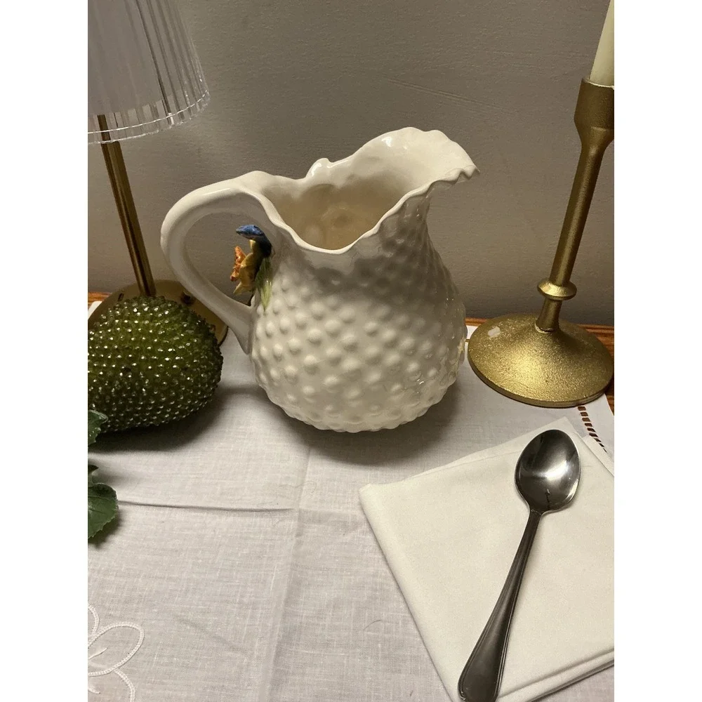 Vintage Ceramic Bluebird and Floral Hobnail Pitcher Decorative Creamer Vase - Picture 6 of 11